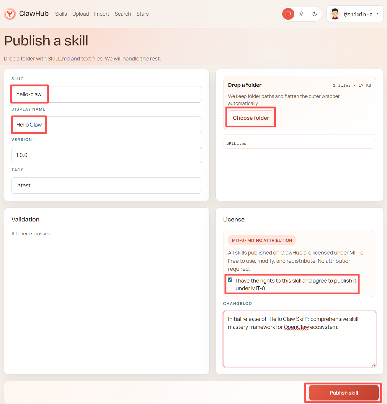 ClawHub 技能发布界面