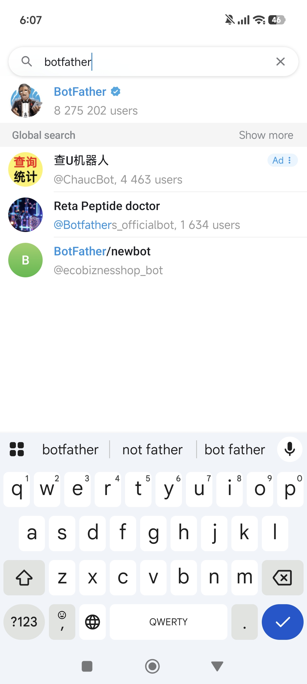 在 Telegram 中搜索 BotFather
