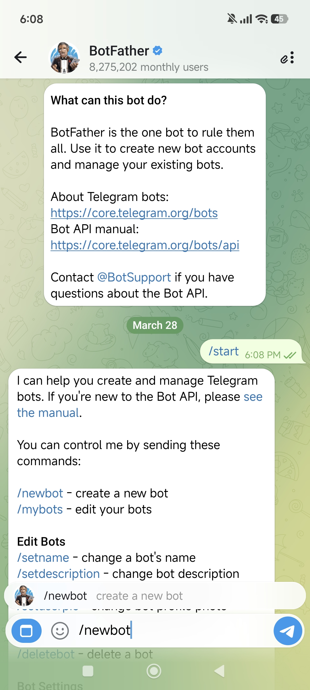 向 BotFather 发送 /newbot 命令